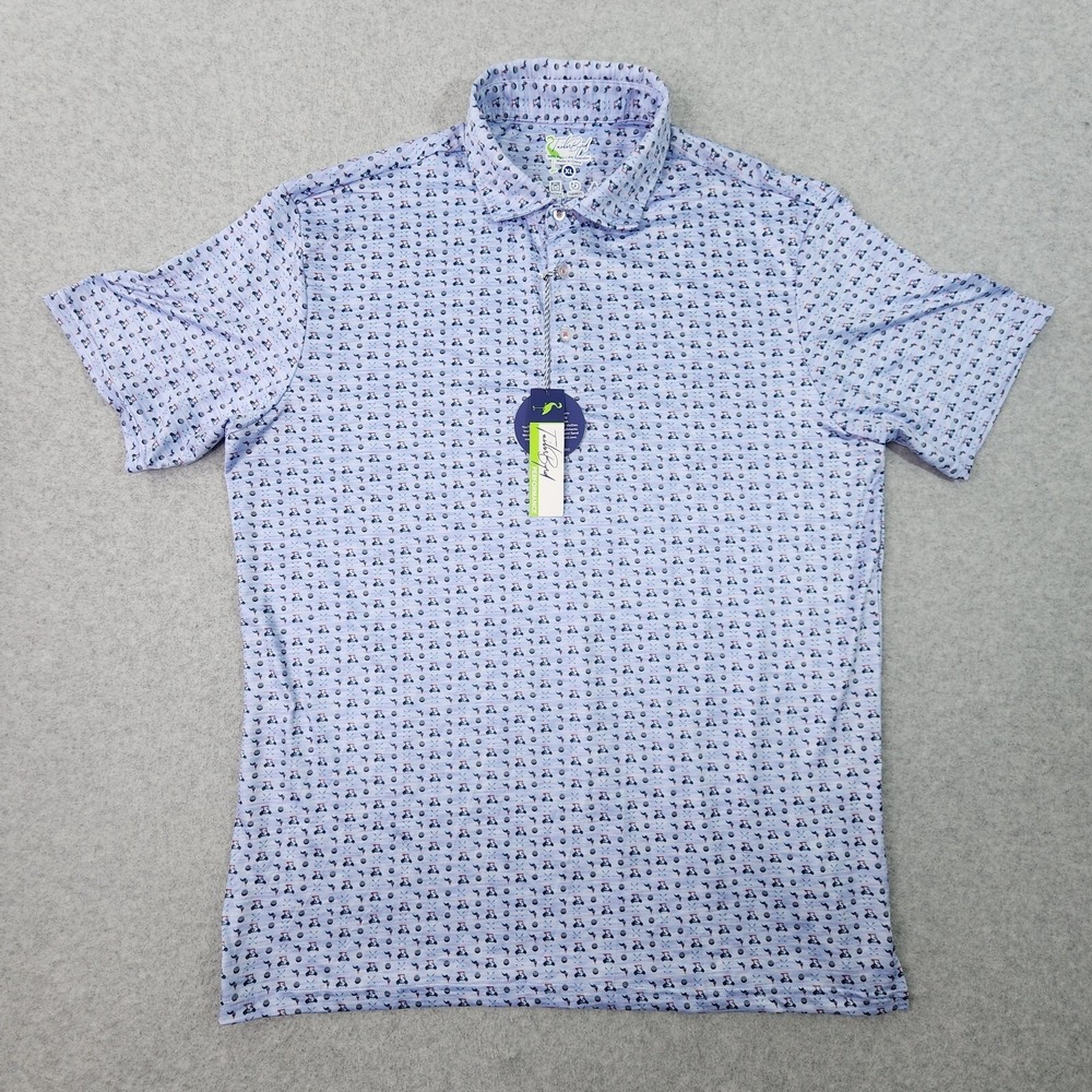 TailorByrd Performance Golf Polo Mens XL Shirt Blue Golf Cart Pattern AOP SPF-30 - Picture 2 of 16